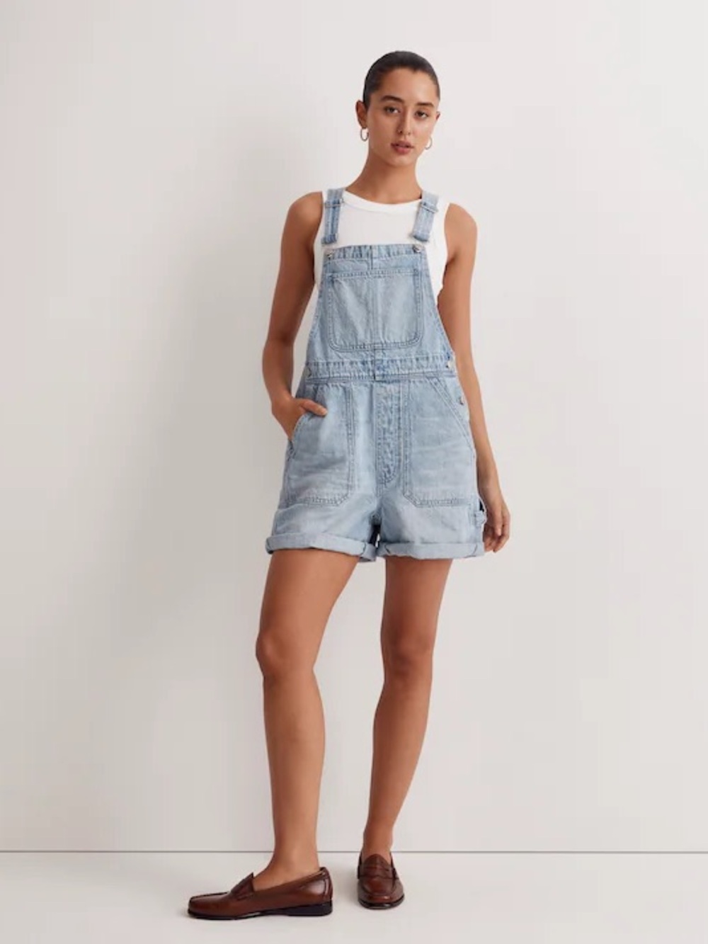 Madewell Denim Oversized Carpenter Shortalls in Lakebrook Wash